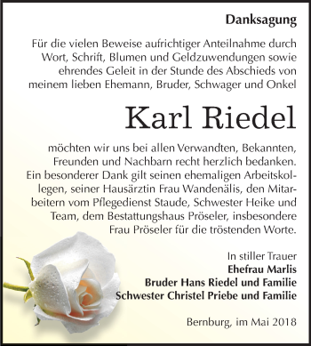 Traueranzeige von Karl Riedel von Mitteldeutsche Zeitung Bernburg