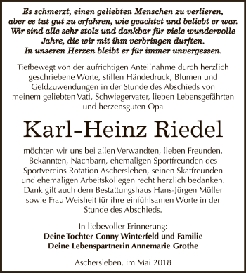 Traueranzeige von Karl-Heinz Riedel von Super Sonntag Aschersleben