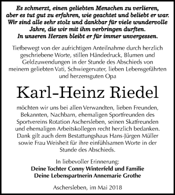 Traueranzeige von Karl-Heinz Riedel von Mitteldeutsche Zeitung Aschersleben