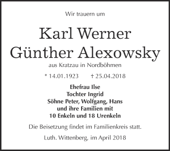 Traueranzeige von Karl Werner Günther Alexowsky von Super Sonntag Wittenberg