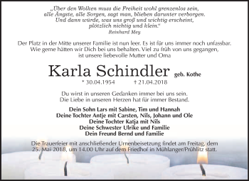 Traueranzeige von Karla Schindler von WVG - Wochenspiegel Wittenberg