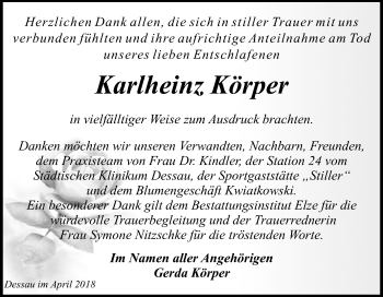 Traueranzeige von Karlheinz Körper von Mitteldeutsche Zeitung Dessau-Roßlau