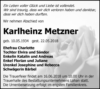 Traueranzeige von Karlheinz Metzner von Mitteldeutsche Zeitung Bitterfeld