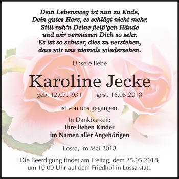 Traueranzeige von Karoline Jecke von Mitteldeutsche Zeitung