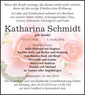 Traueranzeige von Katharina Schmidt von WVG - Wochenspiegel Wittenberg