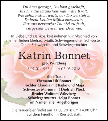 Traueranzeige von Katrin Bonnet von Mitteldeutsche Zeitung Sangerhausen