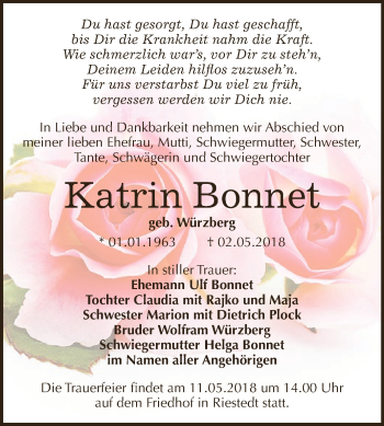 Traueranzeige von Katrin Bonnet von WVG - Wochenspiegel SGH