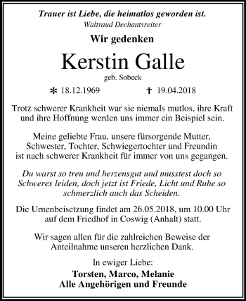 Traueranzeige von Kerstin Galle von Mitteldeutsche Zeitung Dessau-Roßlau