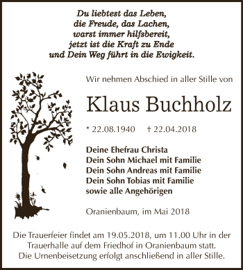 Traueranzeige von Klaus Buchholz von WVG - Wochenspiegel Dessau / Köthen