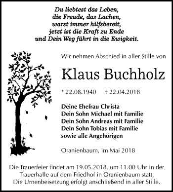 Traueranzeige von Klaus Buchholz von Mitteldeutsche Zeitung Dessau-Roßlau
