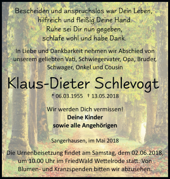 Traueranzeige von Klaus-Dieter Schlevogt von Mitteldeutsche Zeitung Sangerhausen