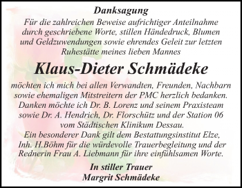 Traueranzeige von Klaus-Dieter Schmädeke von Mitteldeutsche Zeitung Dessau-Roßlau