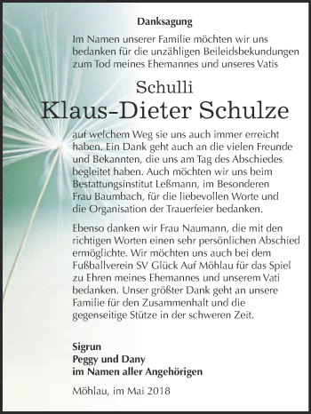 Traueranzeige von Klaus-Dieter Schulze von WVG - Wochenspiegel Wittenberg
