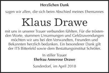Traueranzeige von Klaus Drawe von WVG - Wochenspiegel Bitterfeld