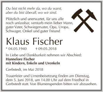 Traueranzeige von Klaus Fischer von Wochenspiegel Mansfelder Land