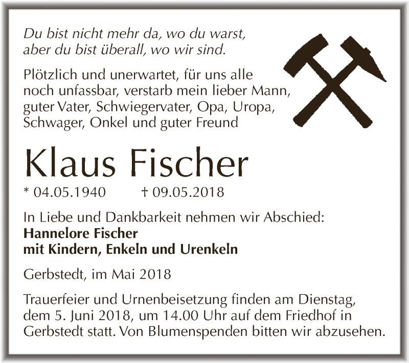  Traueranzeige für Klaus Fischer vom 23.05.2018 aus Wochenspiegel Mansfelder Land