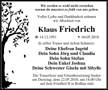 Traueranzeige von Klaus Friedrich von Mitteldeutsche Zeitung Dessau-Roßlau