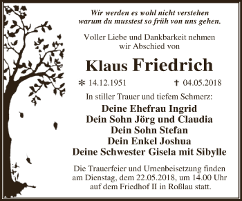 Traueranzeige von Klaus Friedrich von WVG - Wochenspiegel Dessau / Köthen