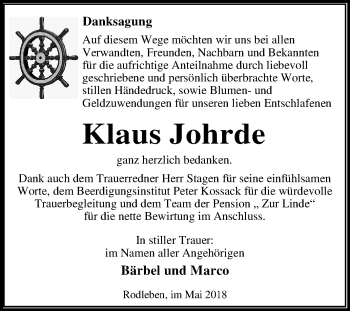 Traueranzeige von Klaus Johrde von Mitteldeutsche Zeitung Dessau-Roßlau