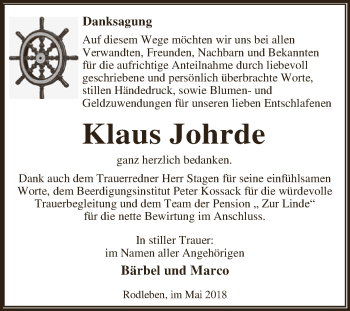 Traueranzeige von Klaus Johrde von WVG - Wochenspiegel Dessau / Köthen