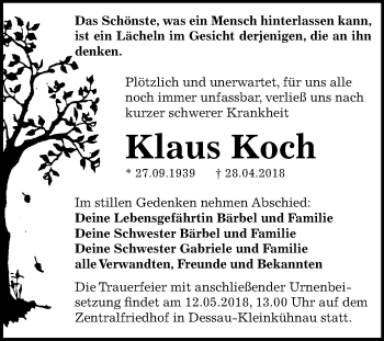 Traueranzeige von Klaus Koch von Mitteldeutsche Zeitung Dessau-Roßlau