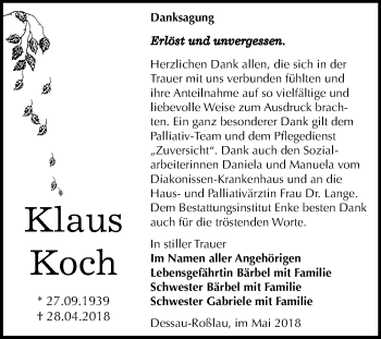 Traueranzeige von Klaus Koch von Mitteldeutsche Zeitung Dessau-Roßlau