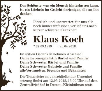 Traueranzeige von Klaus Koch von WVG - Wochenspiegel Dessau / Köthen