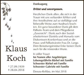 Traueranzeige von Klaus Koch von WVG - Wochenspiegel Dessau / Köthen