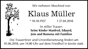 Traueranzeige von Klaus Müller von Mitteldeutsche Zeitung