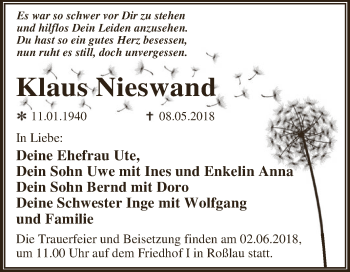 Traueranzeige von Klaus Nieswand von WVG - Wochenspiegel Dessau / Köthen