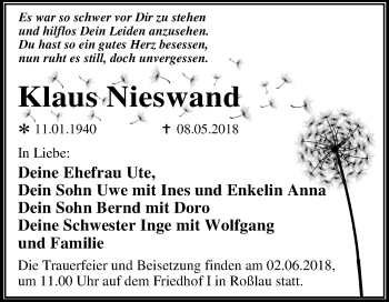 Traueranzeige von Klaus Nieswand von Mitteldeutsche Zeitung Dessau-Roßlau