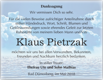 Traueranzeige von Klaus Pietrzak von Mitteldeutsche Zeitung Merseburg/Querfurt