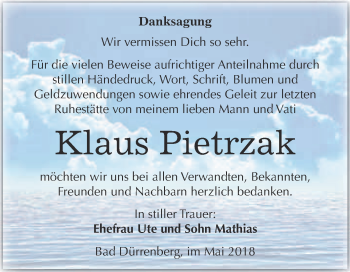 Traueranzeige von Klaus Pietrzak von Super Sonntag Merseburg
