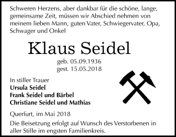 Traueranzeige von Klaus Seidel von WVG - Wochenspiegel Merseburg