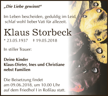 Traueranzeige von Klaus Storbeck von Super Sonntag Dessau / Köthen