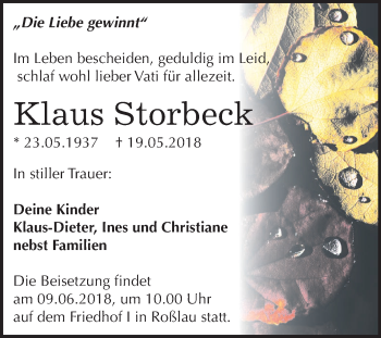 Traueranzeige von Klaus Storbeck von Mitteldeutsche Zeitung Dessau-Roßlau