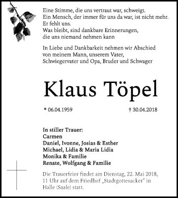 Traueranzeige von Klaus Töpel von Mitteldeutsche Zeitung