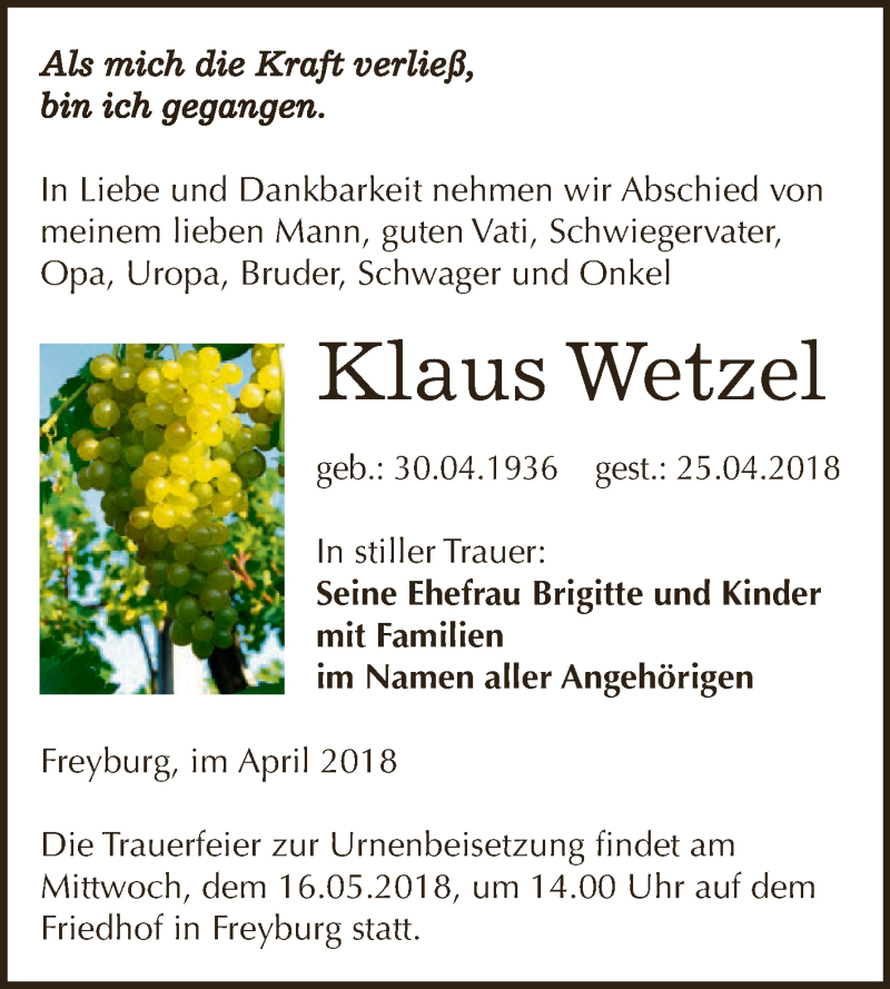  Traueranzeige für Klaus Wetzel vom 02.05.2018 aus WVG - Wochenspiegel NMB / WSF / ZTZ