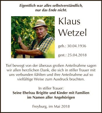 Traueranzeige von Klaus Wetzel von WVG - Wochenspiegel NMB / WSF / ZTZ