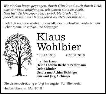 Traueranzeige von Klaus Wohlbier von Mitteldeutsche Zeitung