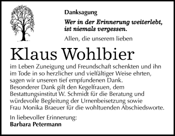 Traueranzeige von Klaus Wohlbier von WVG - Wochenspiegel Quedlinburg