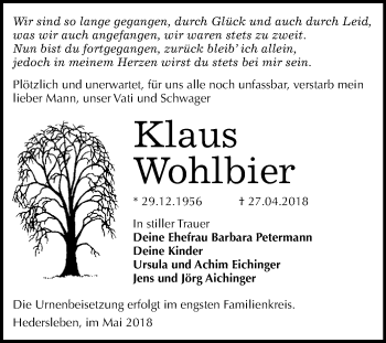 Traueranzeige von Klaus Wohlbier von WVG - Wochenspiegel Quedlinburg