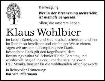 Traueranzeige von Klaus Wohlbier von Mitteldeutsche Zeitung