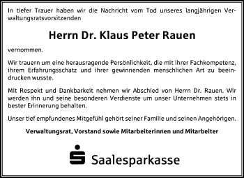 Traueranzeige von Klaus Peter Rauen von Mitteldeutsche Zeitung