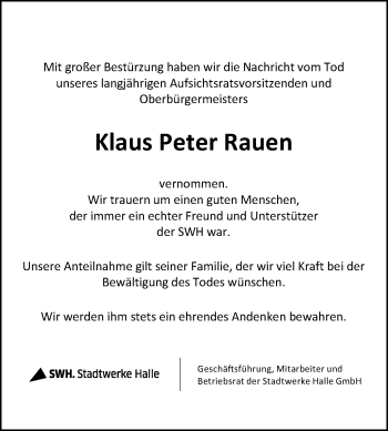 Traueranzeige von Klaus Peter Rauen von Mitteldeutsche Zeitung Halle/Saalkreis