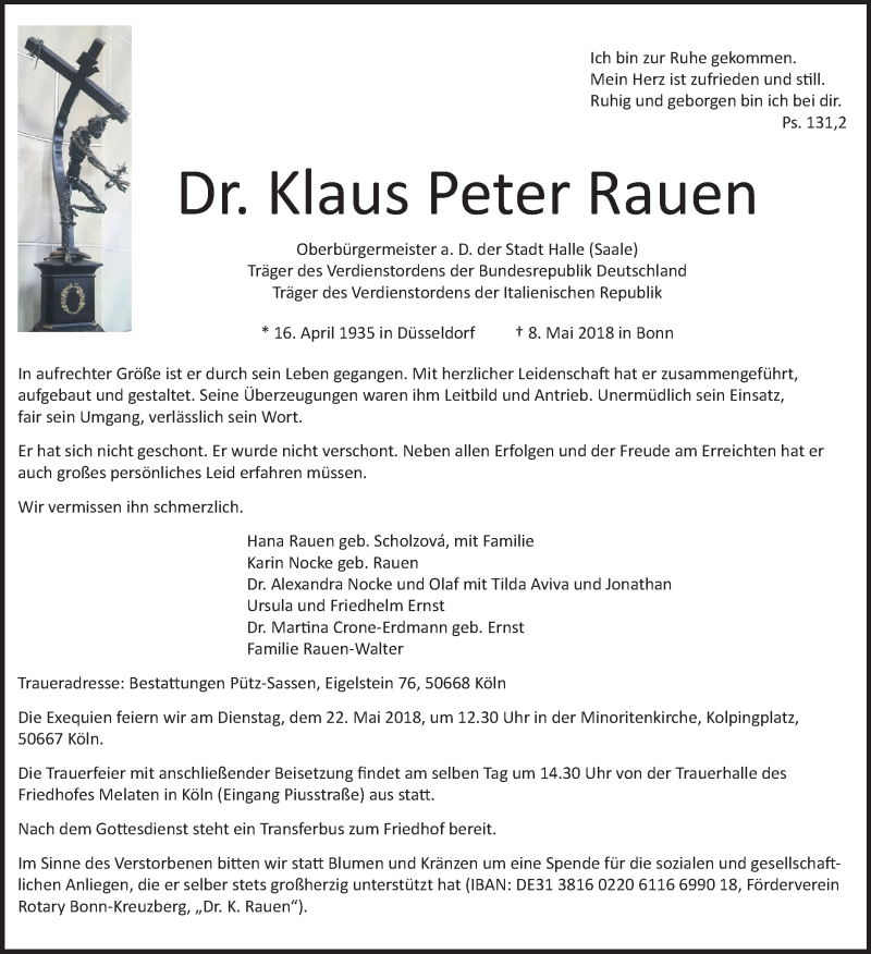  Traueranzeige für Klaus Peter Rauen vom 16.05.2018 aus Mitteldeutsche Zeitung Halle/Saalkreis