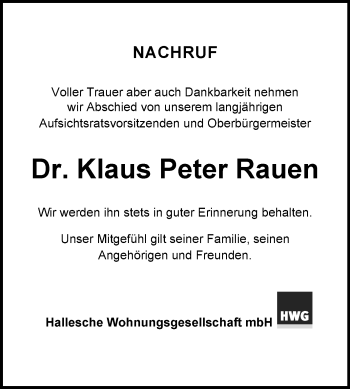 Traueranzeige von Klaus Peter Rauen von Mitteldeutsche Zeitung Halle/Saalkreis