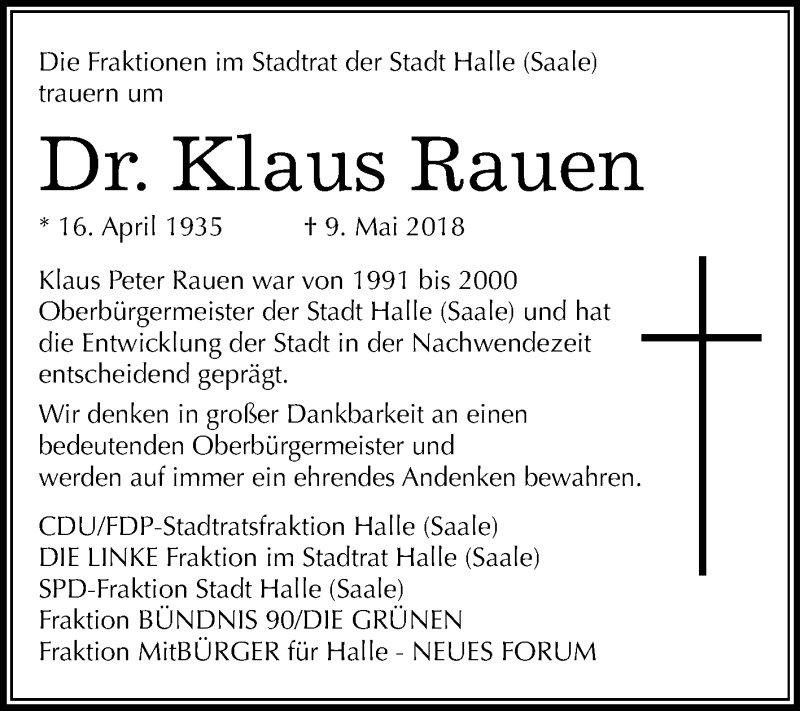  Traueranzeige für Klaus Peter Rauen vom 12.05.2018 aus Mitteldeutsche Zeitung Halle/Saalkreis