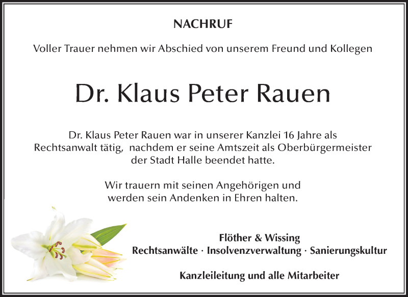  Traueranzeige für Klaus Peter Rauen vom 12.05.2018 aus Mitteldeutsche Zeitung Halle/Saalkreis