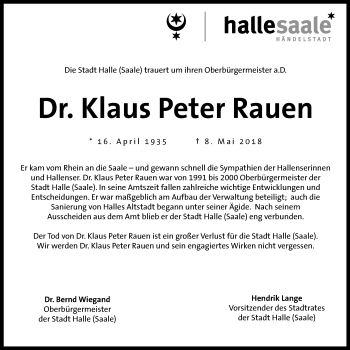Traueranzeige von Klaus Peter Rauen von Mitteldeutsche Zeitung Halle/Saalkreis